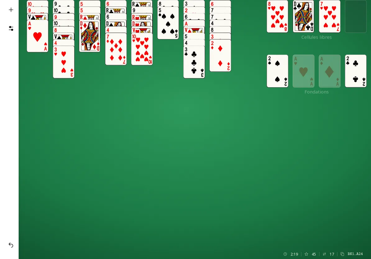 Jeu du Boulanger sur tablette à l’horizontale : la même partie en cours, avec plus de tapis vert autour des colonnes, des cellules et des fondations.