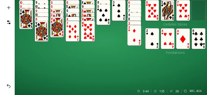 Jeu du Boulanger sur téléphone à l’horizontale : partie avancée, treize cartes déjà montées sur les fondations et des suites de même enseigne dans les colonnes.
